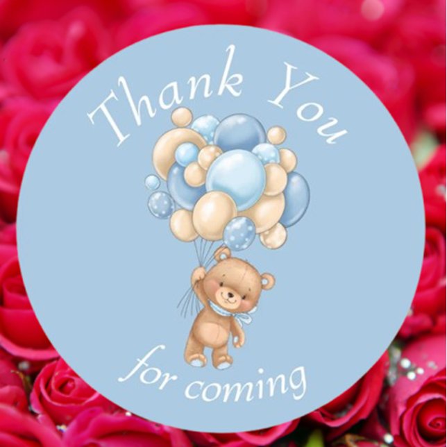 Adesivo Redondo Balões Azuis Do Urso Teddy Obrigado (Show your gratitude with our Teddy Bear Blue Balloons Thank You stickers.)