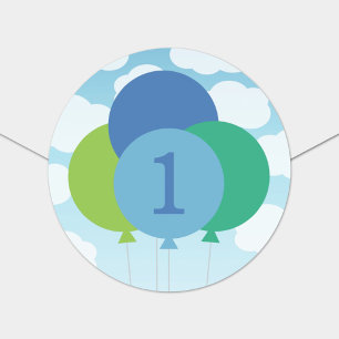 Adesivo Redondo Balões Azuis Verdes Céu Nuvens Meninos Aniversário