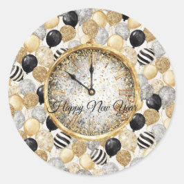 Adesivo Redondo Balões de Ano Novo Glitzy Dourado Prata Preto