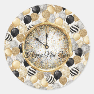 Adesivo Redondo Balões de Ano Novo Glitzy Dourado Prata Preto
