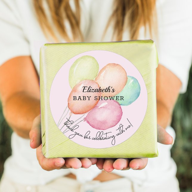 Adesivo Redondo Balões de Aquarela em Chá de fraldas Rosa (Watercolor balloons on pink girl  baby shower round favor stickers)