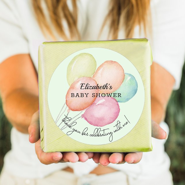 Adesivo Redondo Balões de Aquarela no Chá de fraldas Verde (Watercolor balloons on pale green unisex baby shower round favor stickers)