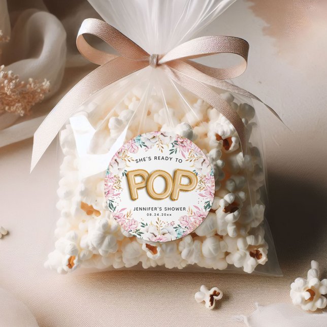 Adesivo Redondo Balões de Chá de fraldas Floral "Pronto para Pop" (Criador carregado)
