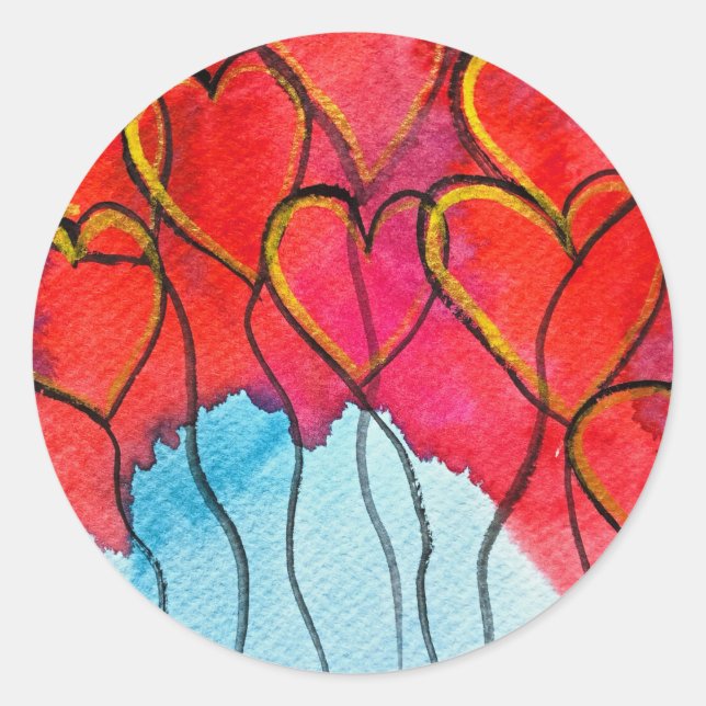 Adesivo Redondo Balões de coração vermelho Namorados aquarela (Frente)