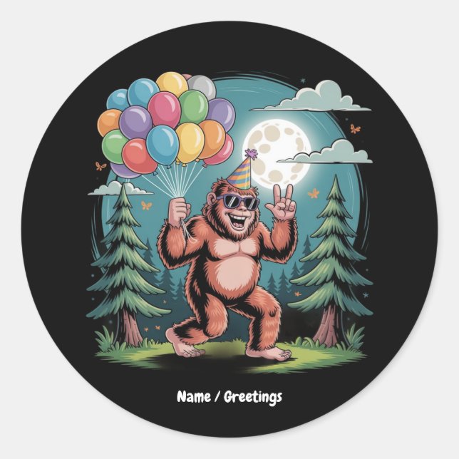 Adesivo Redondo Balões de Festa de aniversário Bigfoot Engraçado (Frente)