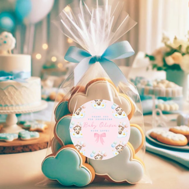 Adesivo Redondo Balões De Macaco Simples E Bonitos, Rosa, Obrigado (Baby shower sticker)