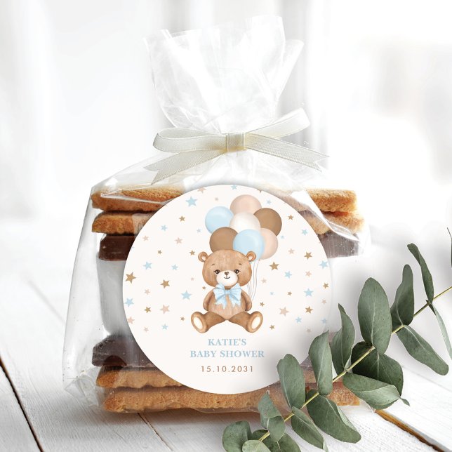 Adesivo Redondo Balões de Urso de Pelúcia Azul Retrô para Festa de (Criador carregado)