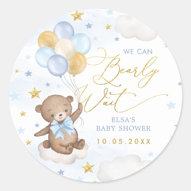 Adesivo Redondo Balões de Urso Dourado Azul Nuvens Estrelas Bebê (Frente)
