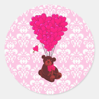 Adesivo Redondo Balões de Urso e Cardíaco em damasco rosa