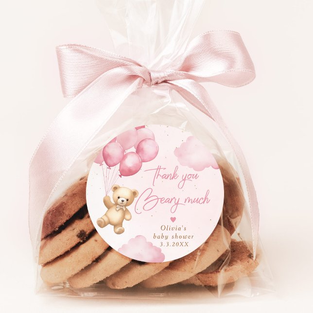 Adesivo Redondo Balões de ursos de peluche rosa Muito obrigado. (Criador carregado)