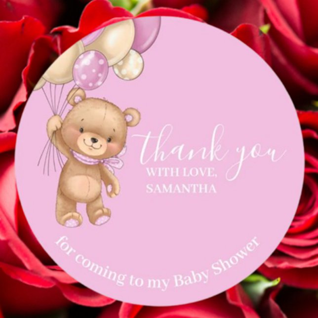 Adesivo Redondo Balões do Urso de Teddy Obrigado (Express gratitude with our Teddy Bear Balloons Pink Thank You sticker)
