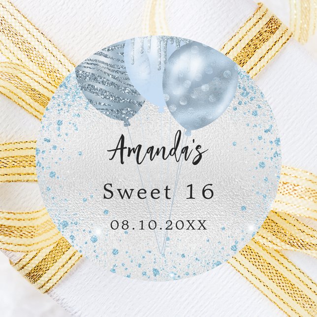 Adesivo Redondo Balões festas de aniversário de brilho azul-prata (Criador carregado)