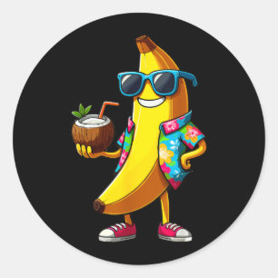 Adesivo Redondo Banana Usando Óculos de Sol Bebendo Coco Verão
