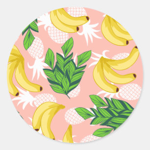 Adesivo Redondo Bananas e abacaxis amarelos tropicais no rosa