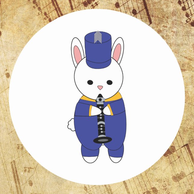 Adesivo Redondo Banda Marcha Clarinet Rabbit Azul Dourado (A sticker with a rabbit playing the clarinet while wearing a blue & yellow marching band uniform.)