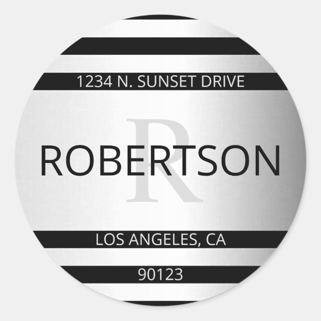 Adesivo Redondo Bandas de Ombre Silver Faux Contemporâneas & Preta (Frente)