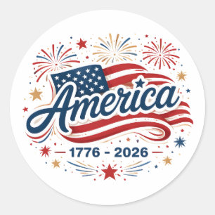 Adesivo Redondo Bandeira Americana 1776 2026 Fogos de Artifício Es