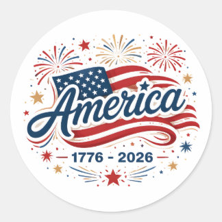 Adesivo Redondo Bandeira Americana 1776 2026 Fogos de Artifício Es