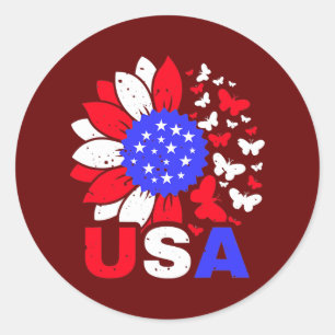 Adesivo Redondo Bandeira Americana 4 De Julho Orgulhosa Menina Flo