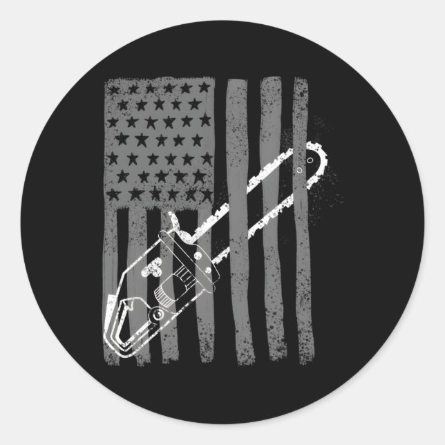 Adesivo Redondo Bandeira Americana Chainsaw Woodworker Logger (Frente)