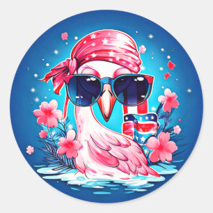 Adesivo Redondo Bandeira Americana com Flamingo Cartoon-69681