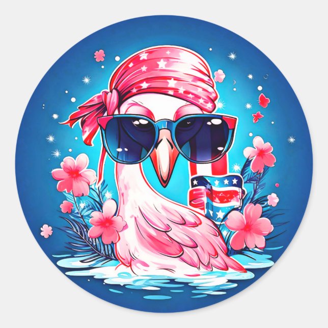 Adesivo Redondo Bandeira Americana com Flamingo Cartoon-69681 (Frente)