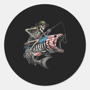 Adesivo Redondo Bandeira Americana de Pesca B Esqueleto Crânio de