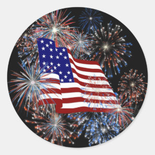 Adesivo Redondo Bandeira americana patriótica e fogos-de-artifíc