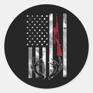 Adesivo Redondo Bandeira Americana Rifle Antler Vintage Deer Hunti