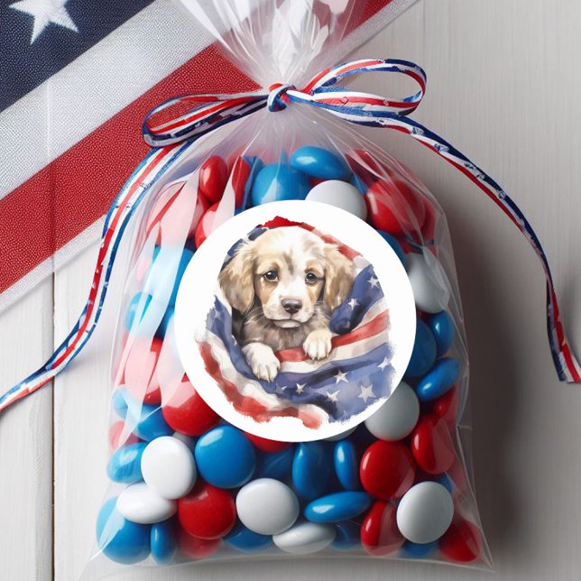Adesivo Redondo Bandeira Azul-Americana Cachorro Vermelho Vermelho (Patriotic puppy and American flag sticker)