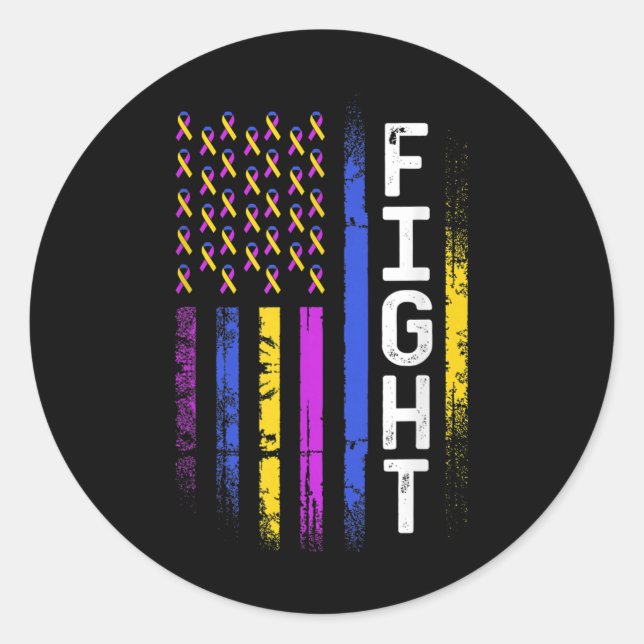 Adesivo Redondo Bandeira Cancer Púrpura Amarela Azul Fita Awar (Frente)