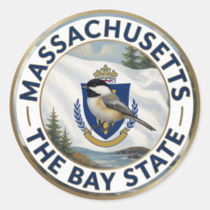Adesivo Redondo 🌊 Bandeira de Massachusetts e Chickadee-de-cabeça
