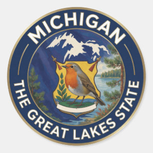 Adesivo Redondo 🌊 Bandeira de Michigan e Tordo Americano Grandes