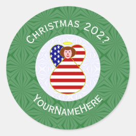 Adesivo Redondo Bandeira de Natal do Anjo Vermelho EUA Personaliza