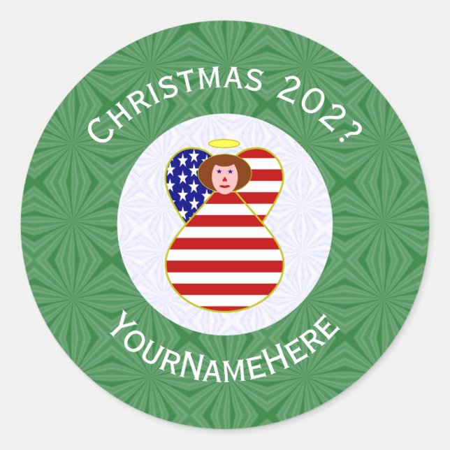 Adesivo Redondo Bandeira de Natal do Anjo Vermelho EUA Personaliza (Frente)