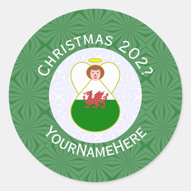 Adesivo Redondo Bandeira de Natal do Welsh Angel Personalizada (Frente)