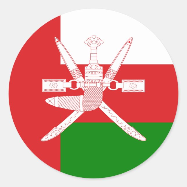 Adesivo Redondo Bandeira de Omani e emblema nacional, bandeira de  (Frente)
