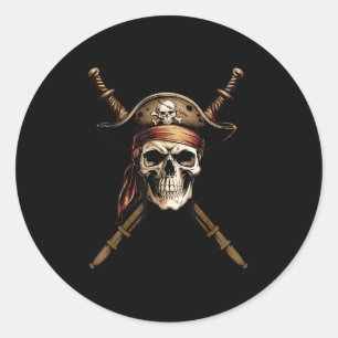 Adesivo Redondo Bandeira de Pirata Capitão de Barco Crânio Ossos C