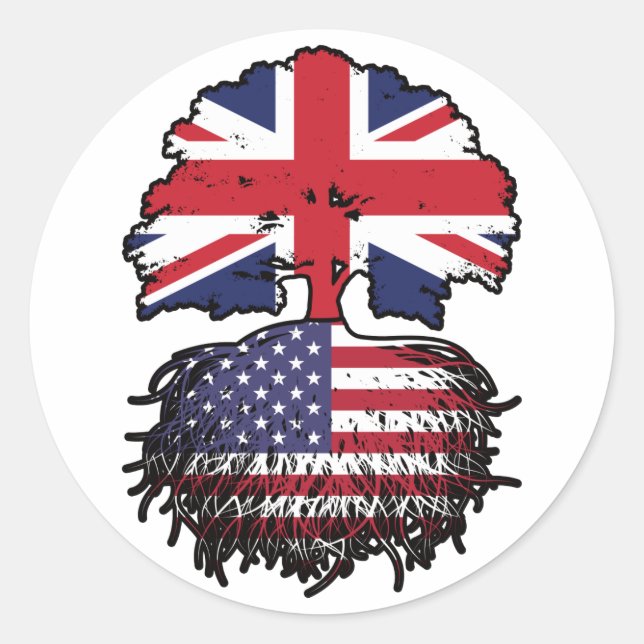 Adesivo Redondo Bandeira de Raízes de Árvore Britânica Americana (Frente)