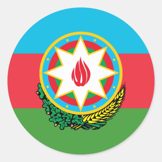 Adesivo Redondo Bandeira do Azerbaijão e Emblema Nacional, Azerbai (Frente)
