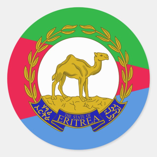 Adesivo Redondo Bandeira eritreia e emblema nacional, bandeira da  (Frente)