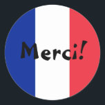 Adesivo Redondo Bandeira Francesa Obrigado Merci!<br><div class="desc">Merci! Um obrigado francês que você envia contra as cores da bandeira francesa. Você pode criar sua própria mensagem de texto personalizada. Tente um estilo de fonte,  tamanho e cor diferentes e personalize o design para fazer seus próprios adesivos.</div>