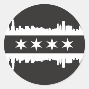 Adesivo Redondo Bandeira/skyline de Chicago em preto & no branco