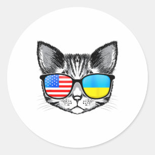 Adesivo Redondo Bandeira Ucrânia EUA Raízes Gato Ucraniano America