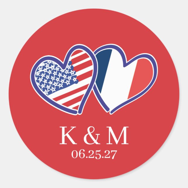 Adesivo Redondo Bandeiras do Coração Franco-Americanas (Frente)