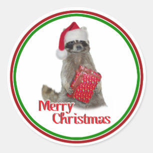 Adesivo Redondo Bandit Raccoon de Natal com Presente