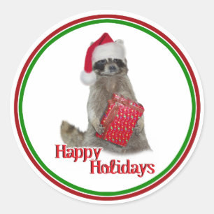 Adesivo Redondo Bandit Raccoon de Natal com Presente