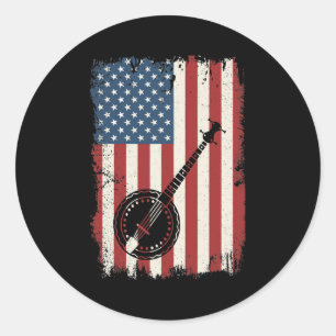 Adesivo Redondo Banjo American Flag Musical Bluegrass Theater