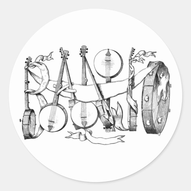 Adesivo Redondo banjo escrito com arte de ilustração de banjos (Frente)