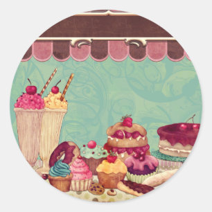Adesivo Redondo Banner de Sinal de Grupo de Cupcakes